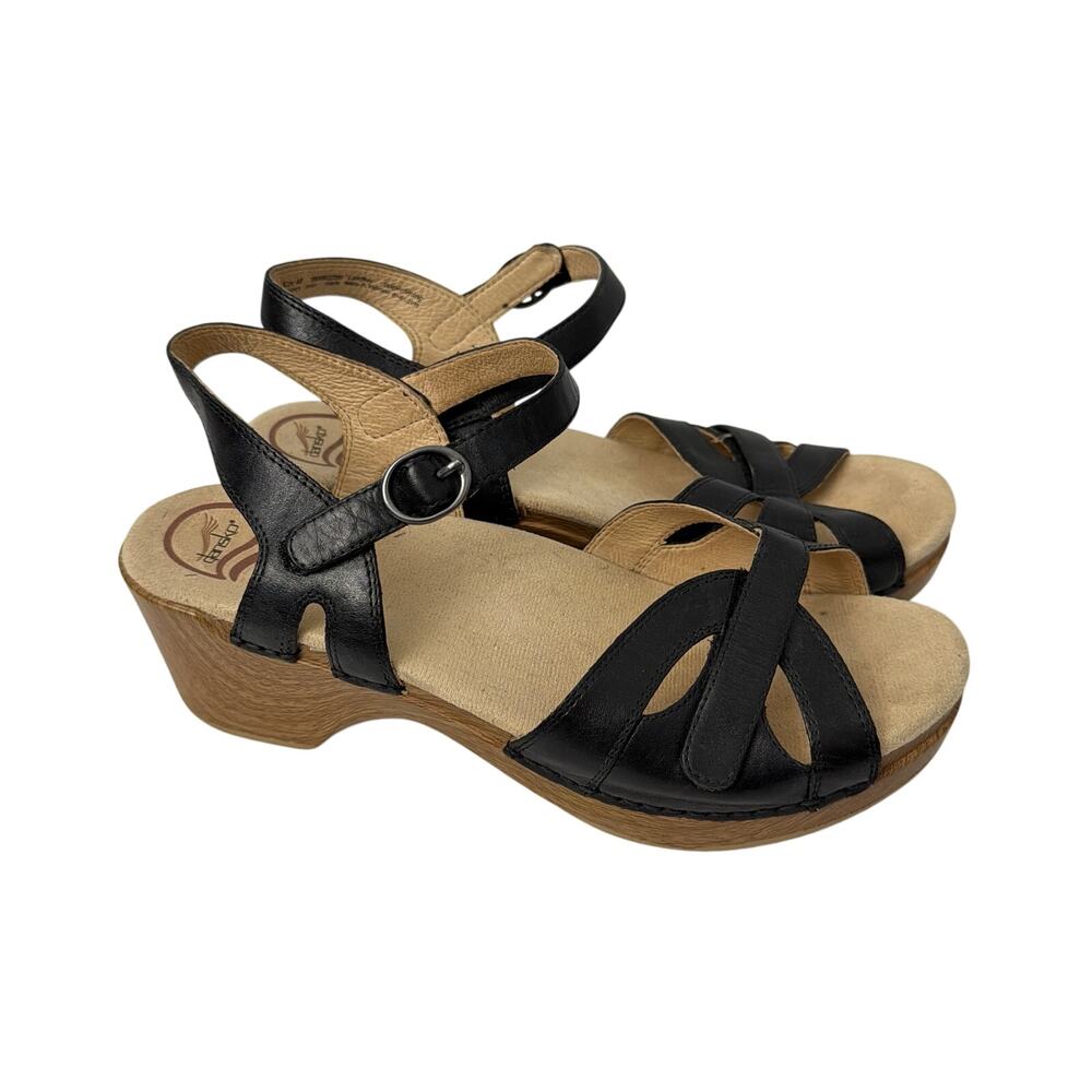 Dansko Sandals Womens Size 10 Season Black Leather Ankle Strap Wedge Heel 40
